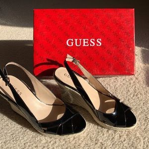 NWB Black Patent Leather Guess Peep Toe Wedges Sz8